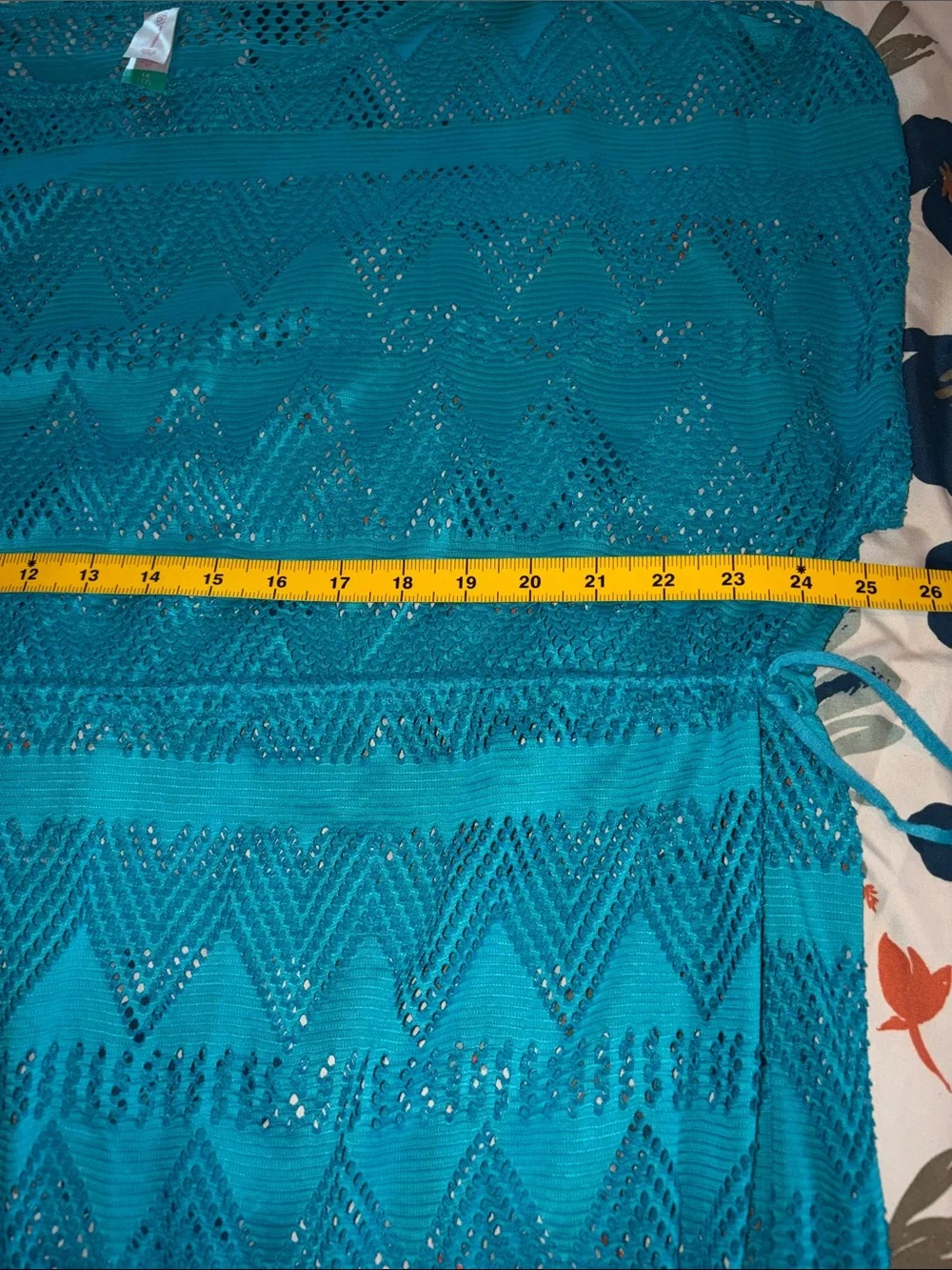 Women’s Teal Crochet Beach Cover-Up with Neon Tassel Drawstring - Picture 8 of 10